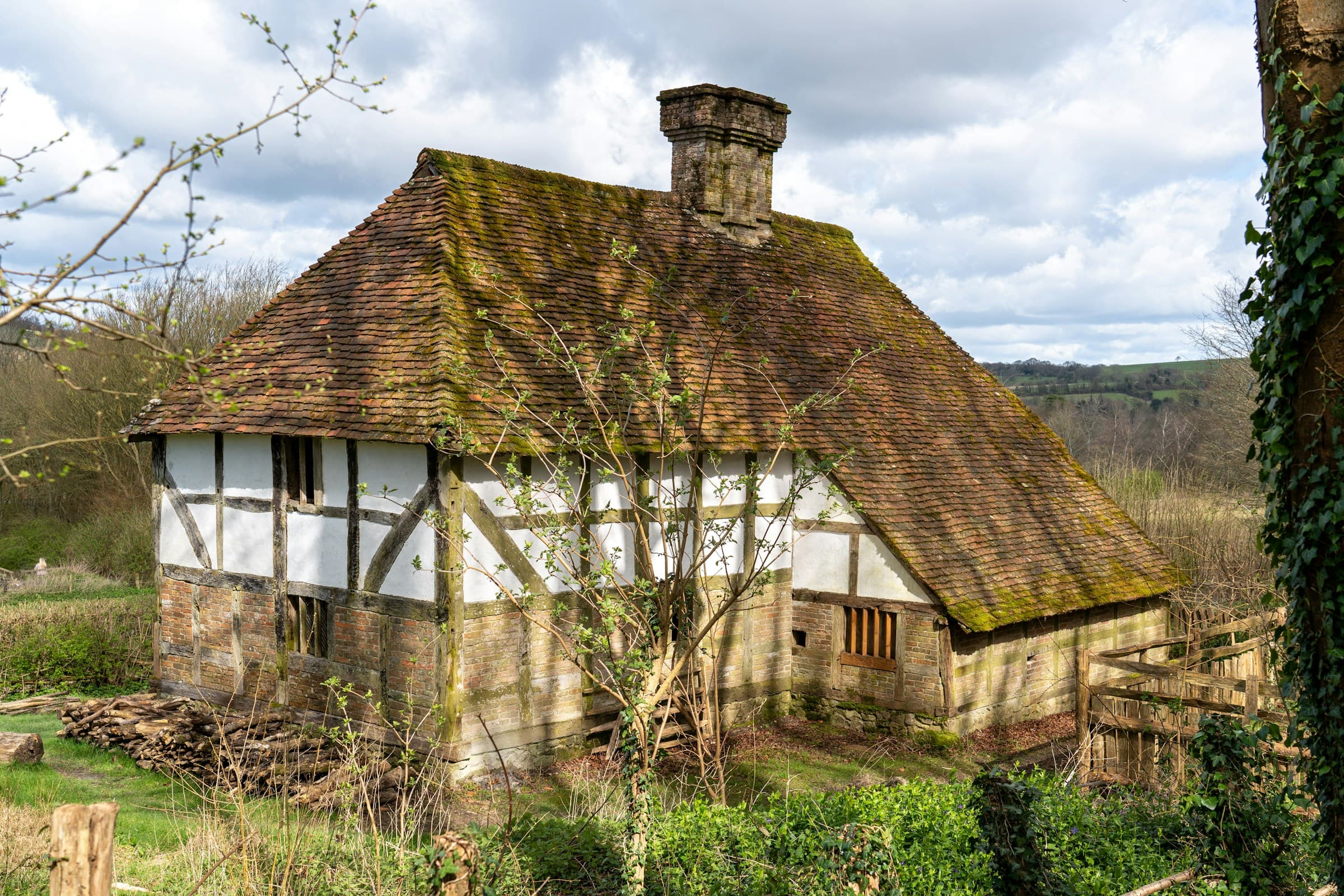 An old house with a long-straw thatched roof photographed alone in an open field, the oak-framed gables isolated against the sky.