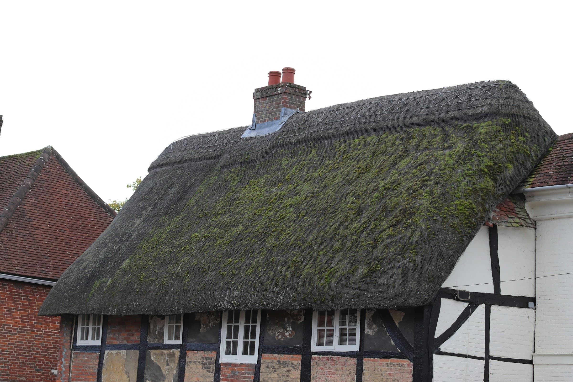 A thatched-roof cottage with a brick chimney and a long-straw ridge, the vernacular Sussex catslide roof sweeping down at the rear.