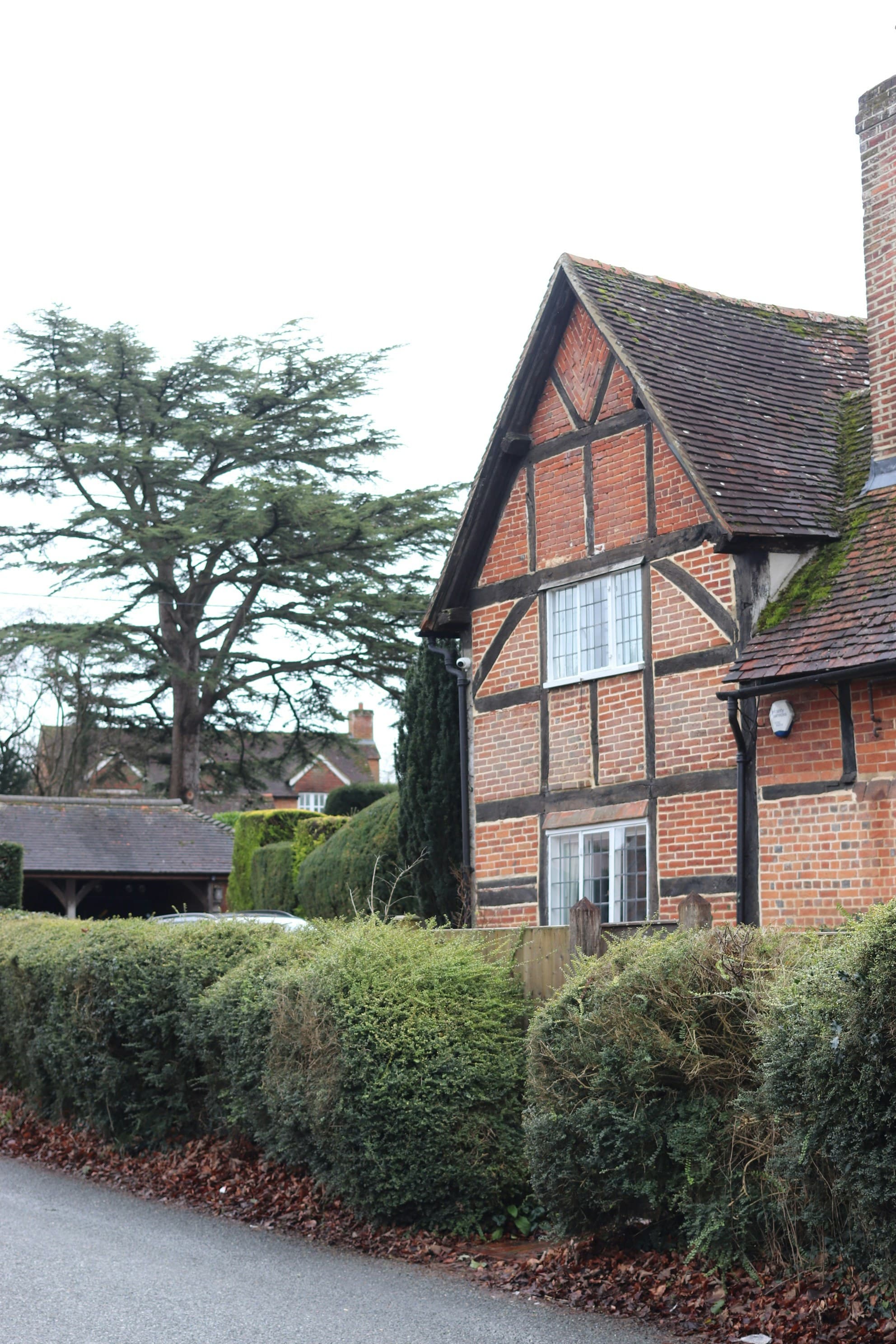 Timber-framed Tudor-style house with limewashed render and a manicured hedge in front, photographed in soft overcast light.